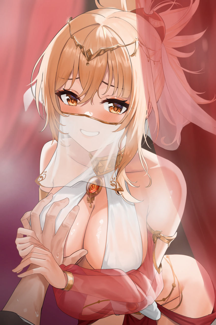1boy 1girl absurdres arabian_clothes ayul_(ayulneri_92) bare_shoulders blonde_hair breasts cleavage collarbone commentary_request commission genshin_impact grabbing grabbing_another's_breast guided_breast_grab guiding_hand hair_between_eyes hetero highres large_breasts looking_at_viewer orange_eyes pixiv_commission red_sleeves see-through see-through_sleeves short_hair sidelocks smile solo_focus veil yoimiya_(genshin_impact)