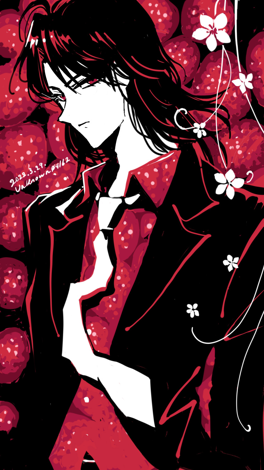 1boy artist_name closed_mouth collared_shirt colored_skin commentary dated double_exposure expressionless flower food formal fruit highres ichijou_seiya jacket kaiji limited_palette long_hair long_sleeves looking_at_viewer male_focus medium_bangs necktie red_eyes red_hair red_jacket red_shirt shirt solo strawberry suit symbol-only_commentary unknown03162 upper_body white_necktie white_skin