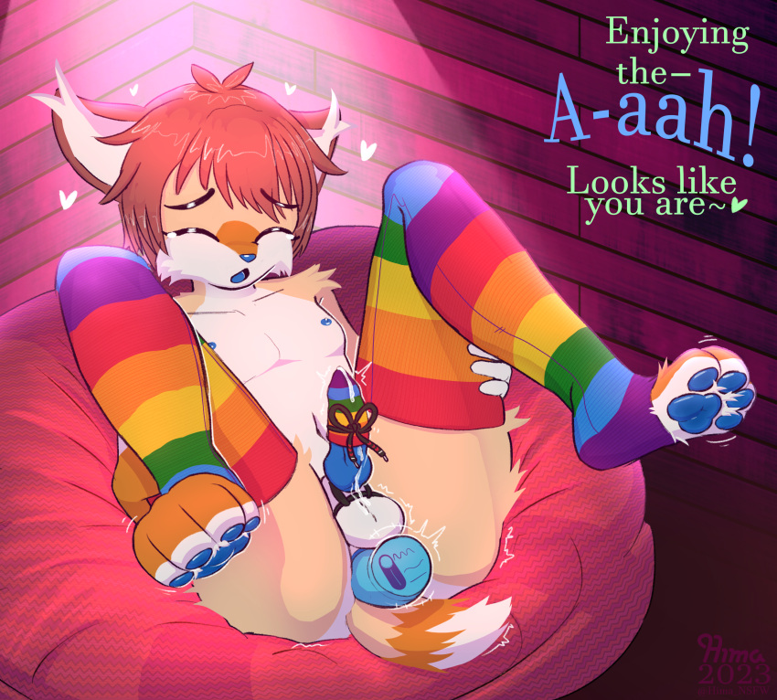 &lt;3 accessory ande_(hima_nsfw) anthro bean_bag bodily_fluids brown_hair butt canid canine clothing cock_ring cock_warmer cum dialogue dildo eyes_closed felid feline footwear fox fur genital_fluids genitals hair hi_res hima_nsfw holding_both_legs holding_legs_up hybrid jewelry knot legwear looking_pleasured lynx male mammal multicolored_clothing multicolored_footwear multicolored_socks open_mouth orange_body orange_fur pawpads penis penis_accessory penis_clothing penis_jewelry presenting presenting_hindquarters rainbow_clothing rainbow_footwear rainbow_socks rope rope_knot sex_toy socks solo tan_body tan_fur thigh_highs thigh_socks white_body white_fur