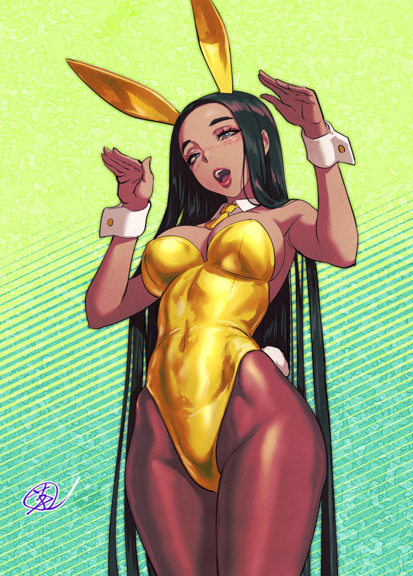 1girl animal_ears black_hair breasts brown_pantyhose commentary_request cowboy_shot dark-skinned_female dark_skin detached_collar fujii_eishun gold_leotard gold_necktie highres leotard long_hair medium_breasts open_mouth original pantyhose playboy_bunny rabbit_ears rabbit_pose rabbit_tail solo strapless strapless_leotard tail teeth upper_teeth_only very_long_hair wrist_cuffs