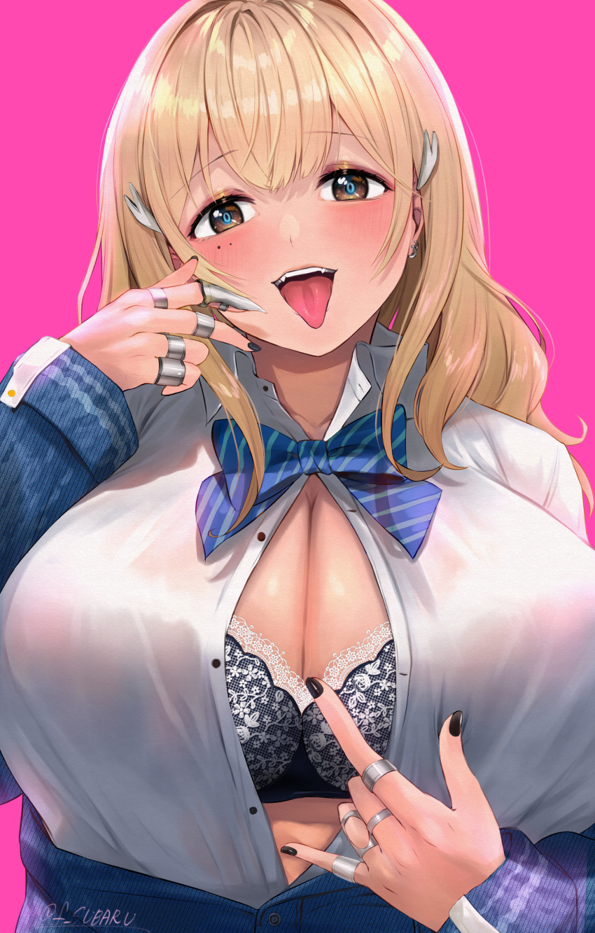 1girl absurdres black_bra black_nails blonde_hair blue_bow blue_bowtie blue_cardigan blush bow bowtie bra bra_peek breasts brown_eyes cardigan claw_ring cleavage collarbone collared_shirt commentary_request earrings fujisaki_subaru goddess_of_victory:_nikke hair_between_eyes hair_ornament hairclip hand_up highres huge_breasts jewelry long_hair long_sleeves looking_at_viewer multiple_rings off_shoulder open_mouth partially_unbuttoned pink_background ring shirt sidelocks simple_background solo standing striped striped_bow striped_bowtie teeth tia_(nikke) tongue tongue_out twitter_username underwear upper_body upper_teeth_only white_shirt