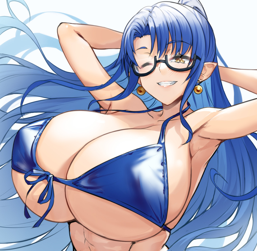 1girl armpits arms_up bare_arms bare_shoulders bikini blue_bikini blue_hair breasts cleavage earrings floating_hair front-tie_bikini_top front-tie_top gigantic_breasts goki_(voicevox) highres jewelry long_hair looking_at_viewer pointy_ears ponytail simple_background smile solo swimsuit tenneko_yuuri upper_body very_long_hair voicevox white_background yellow_eyes