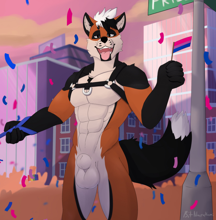 abs animal_genitalia anthro balls bisexual_pride_colors bitnarukami canid canine genitals hi_res lgbt_pride male mammal maned_wolf muscular muscular_male nhox nude pecs pride_colors sheath solo tongue tongue_out