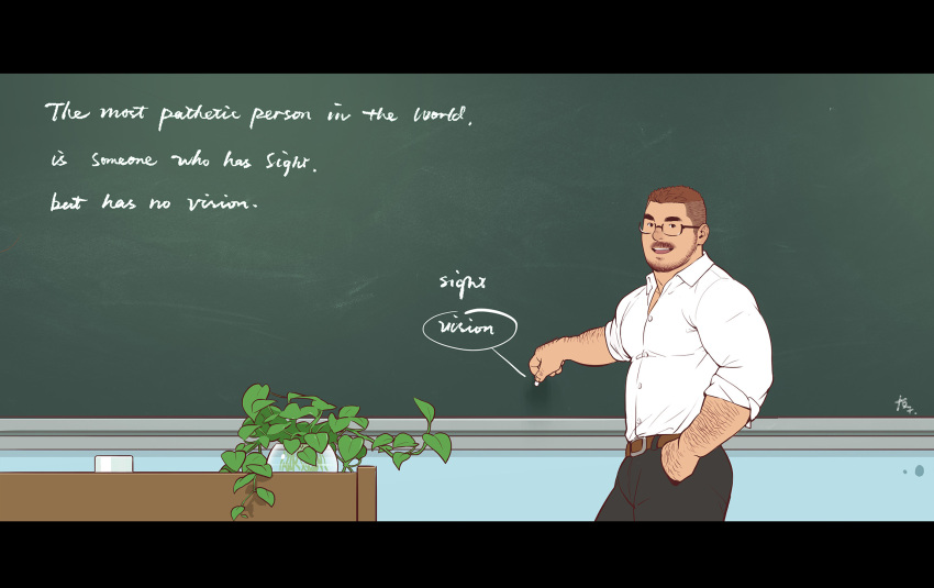 1boy bara beard_stubble brown_hair chalk chalkboard chinese_text english_text feet_out_of_frame glasses highres ji_peng_gou_you large_pectorals looking_at_viewer male_focus mature_male muscular muscular_male paid_reward_available pants partially_unbuttoned pectorals short_hair solo standing teacher translation_request undercut youtian_(youtiange)