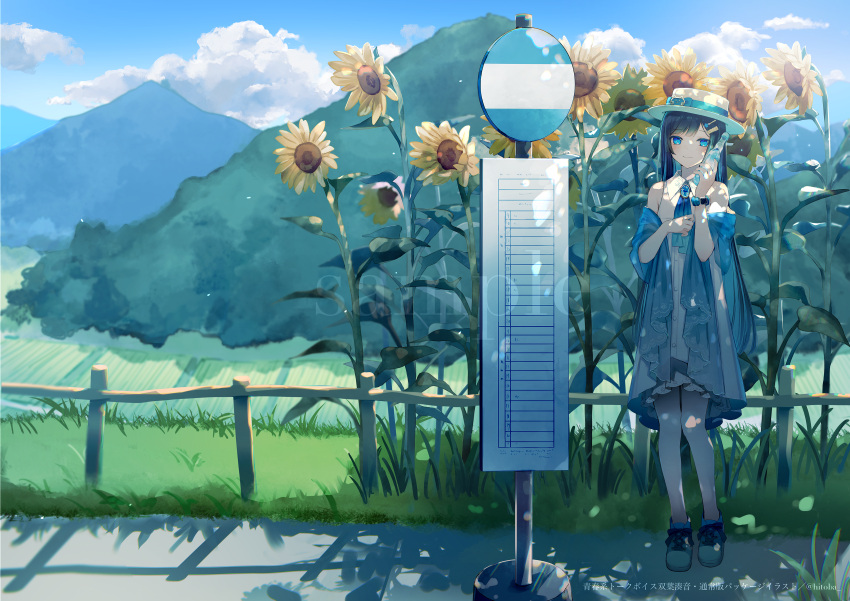 1girl absurdres artist_name black_hair blue_brooch blue_eyes blue_hair blue_ribbon blue_shawl blush boater_hat bottle bottle_to_cheek bus_stop bus_stop_sign cevio closed_mouth collared_dress colored_inner_hair commentary copyright_notice dappled_sunlight day dress flower full_body futaba_minato gradient_neck_ribbon hair_ornament hairclip hands_up hat hat_ribbon highres hitoba holding holding_bottle lace-trimmed_dress lace-trimmed_shawl lace_trim layered_dress looking_at_viewer multicolored_hair official_art outdoors ramune ribbon sample_watermark shawl shoes sleeveless sleeveless_dress smartwatch smile sneakers solo standing sunflower sunlight twitter_username watch watermark white_dress wristwatch