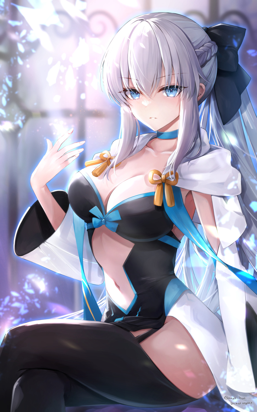 1girl absurdres black_bow black_dress black_footwear blue_eyes boots bow braid breasts center_opening choker cleavage collarbone crossed_legs dress fate/grand_order fate_(series) french_braid grey_hair hair_bow hane_yuki highres large_breasts long_hair long_sleeves looking_at_viewer morgan_le_fay_(fate) navel pelvic_curtain ponytail sidelocks sitting solo thigh_boots thighs two-tone_dress very_long_hair white_dress wide_sleeves