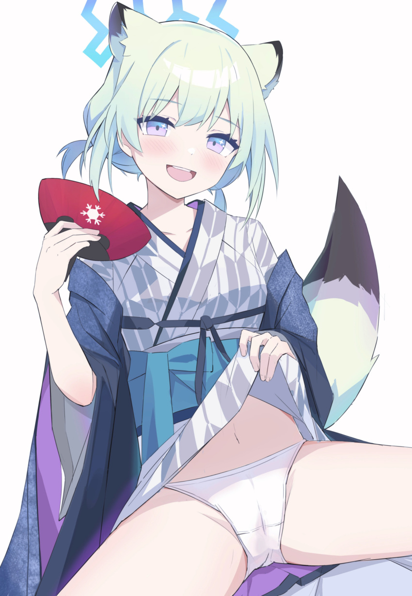 1girl absurdres animal_ears bath_yukata blue_archive blue_halo blush chinese_commentary cowboy_shot green_hair hair_between_eyes halo hand_fan highres holding holding_fan japanese_clothes kimono looking_at_viewer navel obi official_alternate_costume open_mouth panties paper_fan purple_eyes sash shasha_(shasha159357) shigure_(blue_archive) shigure_(hot_spring)_(blue_archive) short_hair simple_background smile solo tail uchiwa underwear weasel_ears weasel_tail white_background white_panties yukata