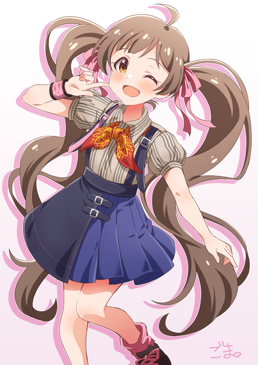 1girl ;d ahoge artist_name blush brown_eyes brown_hair brown_shirt denim denim_skirt finger_to_mouth goma_konbu gradient_background hair_ribbon hakozaki_serika handkerchief highres idolmaster idolmaster_million_live! idolmaster_million_live!_theater_days layered_skirt long_hair looking_at_viewer one_eye_closed open_mouth pink_background pink_ribbon pink_socks pleated_skirt ribbon shirt shoes short_sleeves simple_background skirt smile sneakers socks solo standing striped striped_shirt suspender_skirt suspenders twintails very_long_hair wristband