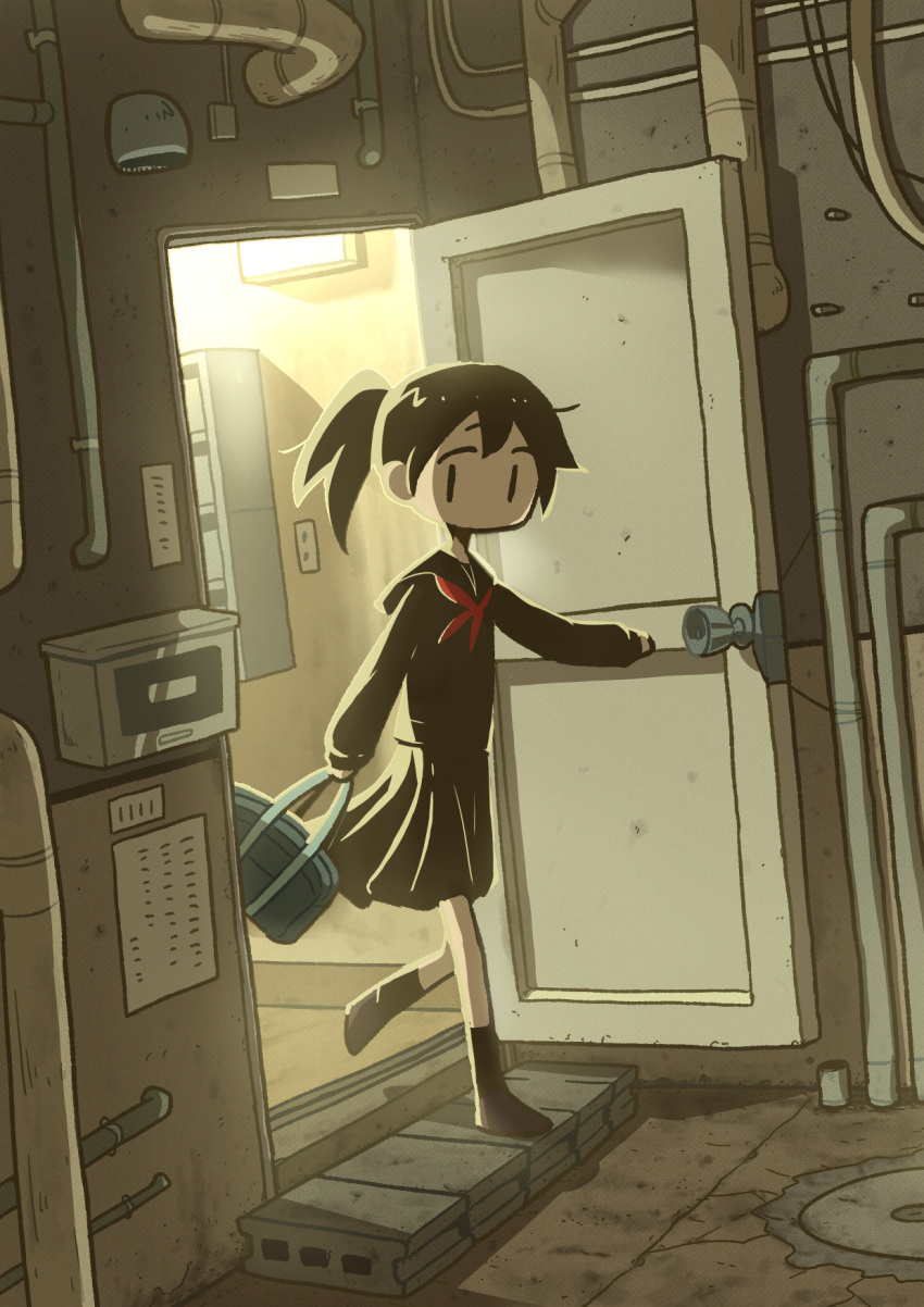 1girl backlighting bag black_hair black_sailor_collar black_serafuku black_shirt black_skirt black_socks blue_bag brown_footwear cinder_block commentary_request door doorknob full_body high_ponytail highres holding holding_bag industrial_pipe long_sleeves looking_to_the_side mailbox_(incoming_mail) manhole_cover medium_hair neckerchief no_mouth no_nose open_door original pleated_skirt red_neckerchief sailor_collar school_bag school_uniform serafuku shirt shoes sideways_glance skirt socks solo takurada |_|