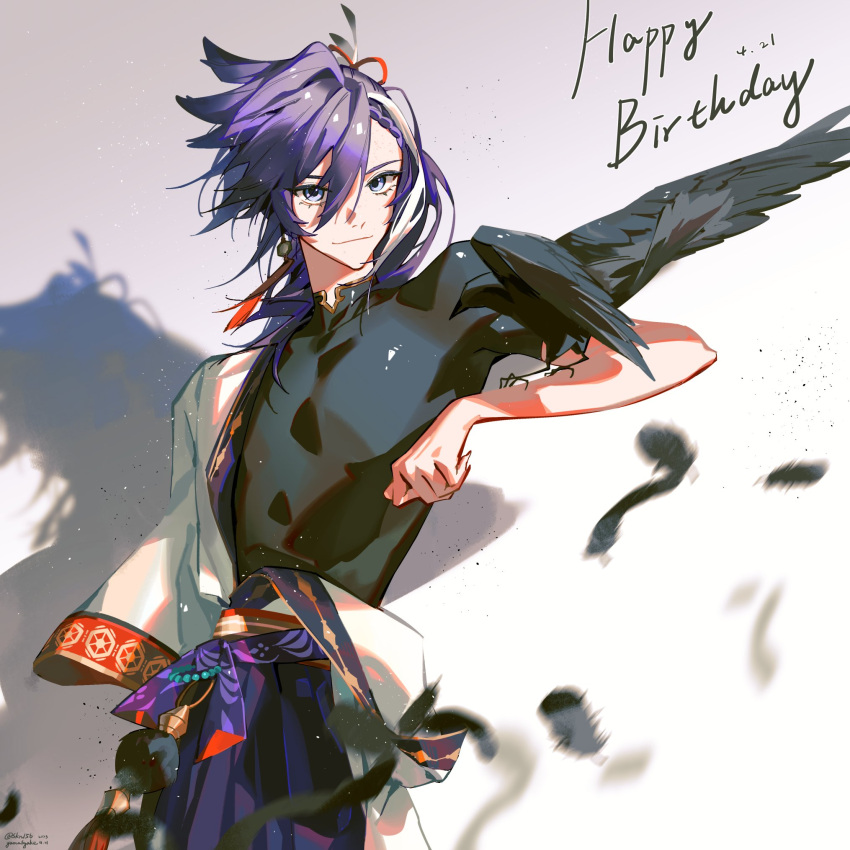 1boy animal_on_arm banzoin_hakka bird bird_on_arm black_feathers black_shirt blue_eyes braid braided_bangs cowboy_shot crow earrings feather_hair_ornament feathers gradient_background grey_background hadanugi_dousa hair_between_eyes hair_ornament hair_ribbon hakama happy_birthday highres holostars holostars_english japanese_clothes jewelry kimono light_particles long_hair looking_at_viewer looking_to_the_side male_focus multicolored_hair pom_pom_(clothes) ponytail purple_hair purple_hakama purple_sash red_ribbon ribbon sash shadow shirt short_sleeves skn smile solo streaked_hair tassel tassel_earrings virtual_youtuber white_hair white_kimono