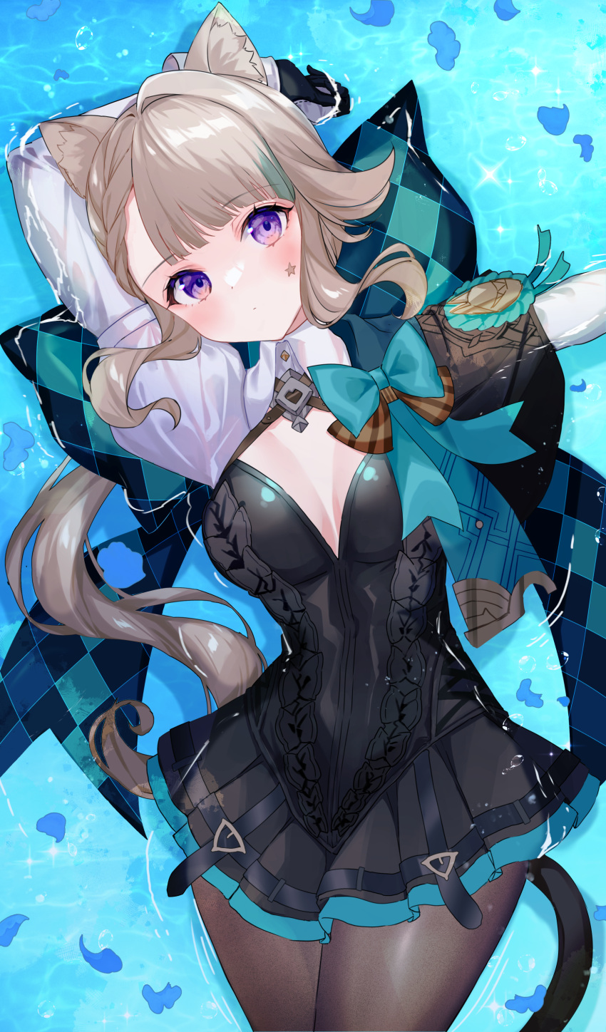 1girl absurdres animal_ear_fluff animal_ears aqua_bow blonde_hair bow breasts cat_ears cat_girl cat_tail cleavage closed_mouth facial_mark frilled_leotard frills genshin_impact gloves grey_hair hair_bow highres huge_bow leotard long_hair long_sleeves looking_at_viewer lying lynette_(genshin_impact) medium_breasts miyakoto on_back pantyhose purple_eyes solo star_(symbol) star_facial_mark tail two-tone_gloves