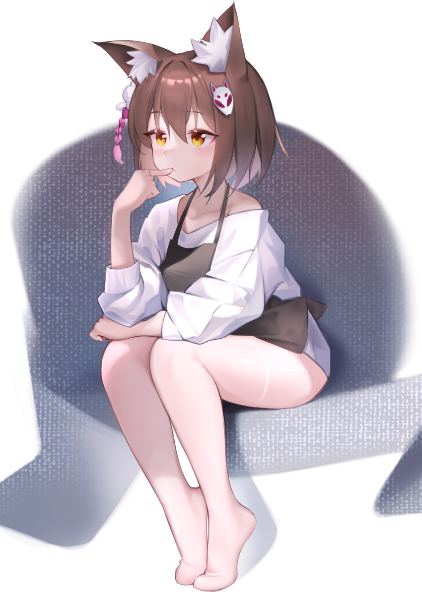 1girl absurdres animal_ear_fluff animal_ears blue_archive brown_hair closed_mouth eyeshadow fox_ears full_body hair_between_eyes highres izuna_(blue_archive) long_sleeves makeup pink_eyeshadow shirt short_hair solo user_sxaf8777 white_shirt yellow_eyes