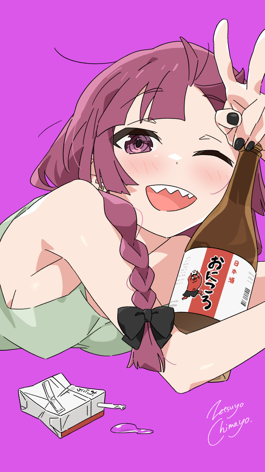 1girl absurdres alcohol_carton artist_name black_bow black_nails blunt_bangs blush bocchi_the_rock! bottle bow braid dress earrings green_dress hair_bow hair_over_shoulder highres hiroi_kikuri jewelry long_hair nail_polish one_eye_closed open_mouth purple_background purple_eyes purple_hair ringed_eyes sake_bottle sharp_teeth signature simple_background single_braid solo spilling teeth v zetsuyo_chimayo