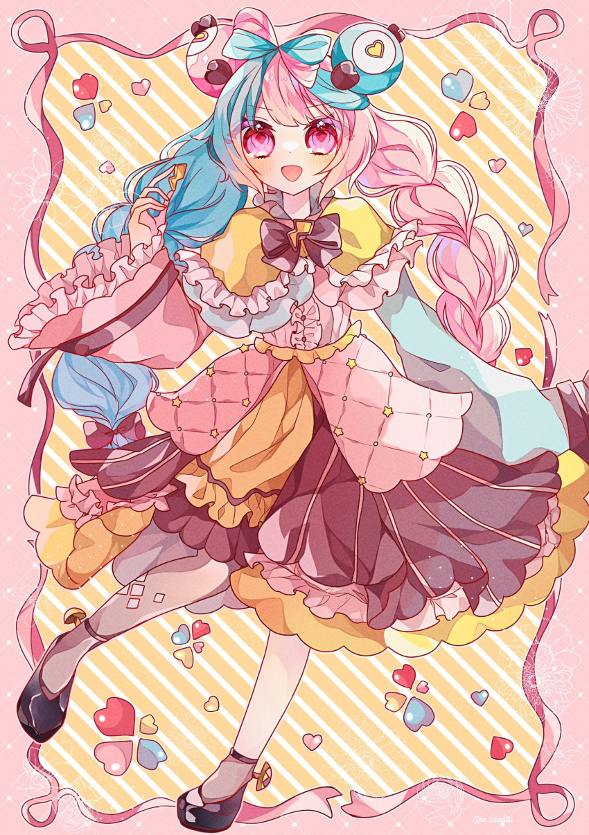 1girl black_footwear character_hair_ornament dress hair_between_eyes hair_ornament highres holding iono_(pokemon) kneehighs long_hair long_sleeves looking_at_viewer magnemite multicolored_hair open_mouth pink_hair pokemon pokemon_sv shoes skirt sleeves_past_wrists smile socks solo to_camellia wide_sleeves
