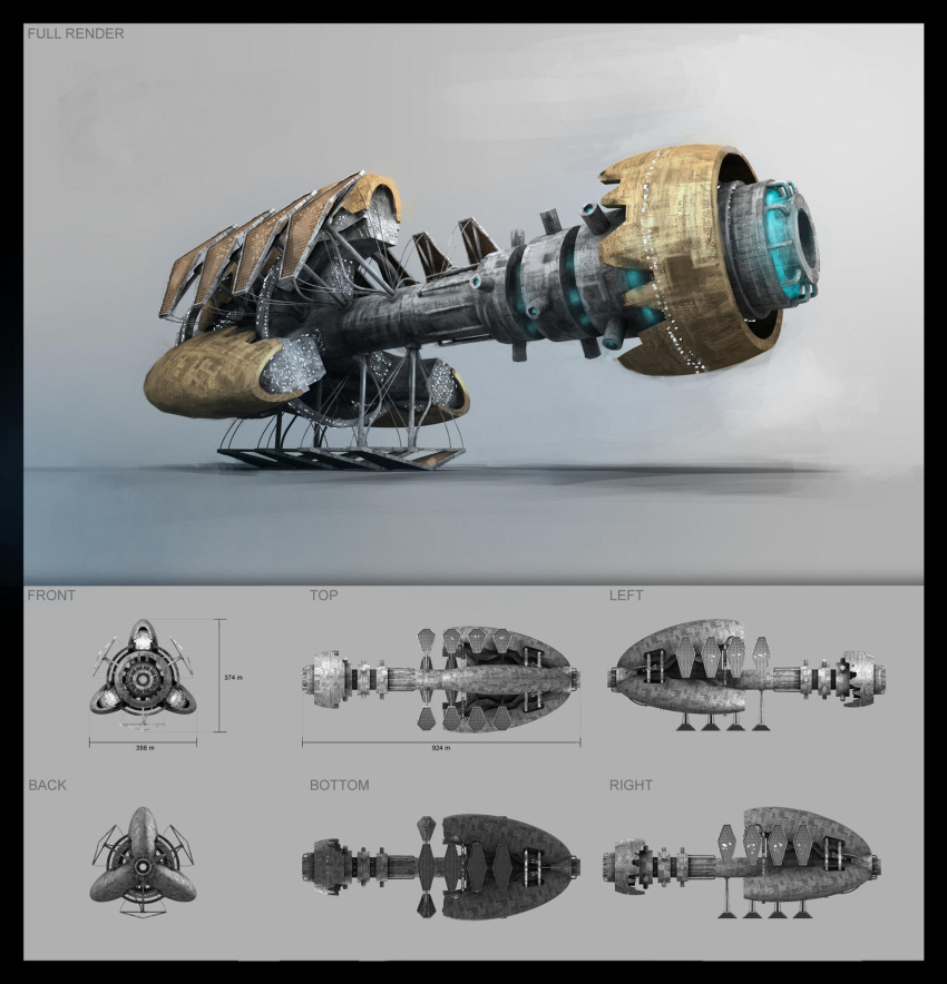 3d amarr_empire_(eve_online) black_border border commentary concept_art eve_online from_side glowing highres md5_mismatch military_vehicle multiple_views no_humans original resolution_mismatch science_fiction solar_panel source_larger spacecraft thrusters twpictures vehicle_focus