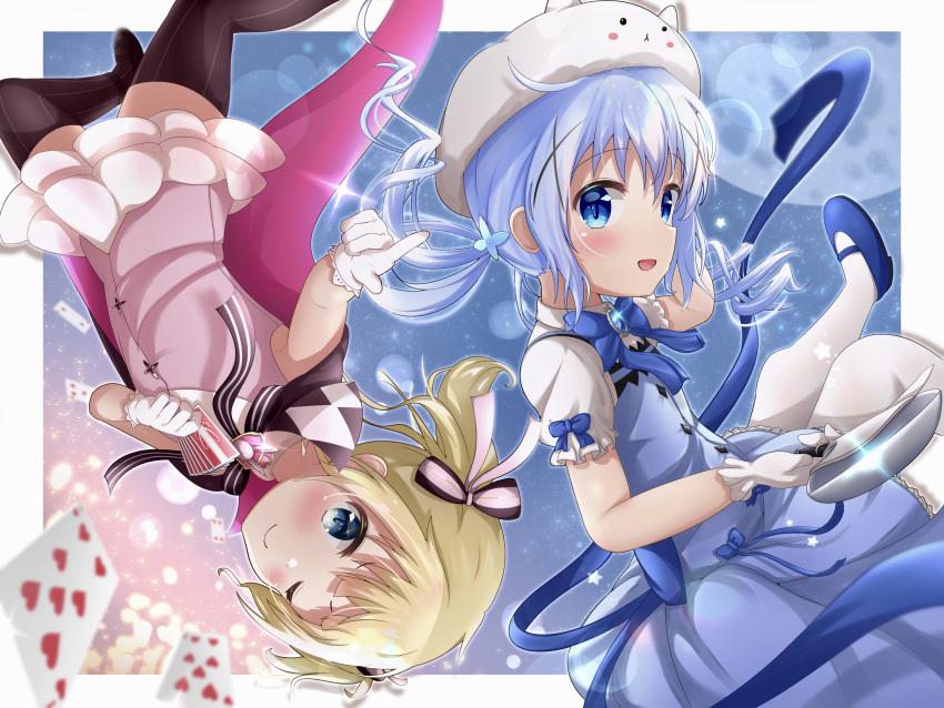 2girls blue_eyes blue_hair blue_vest frilled_shirt frills gochuumon_wa_usagi_desu_ka? hair_ornament hairband highres kafuu_chino kirima_syaro kyuri_senbei lolita_hairband multiple_girls rabbit_house_uniform shirt vest x_hair_ornament