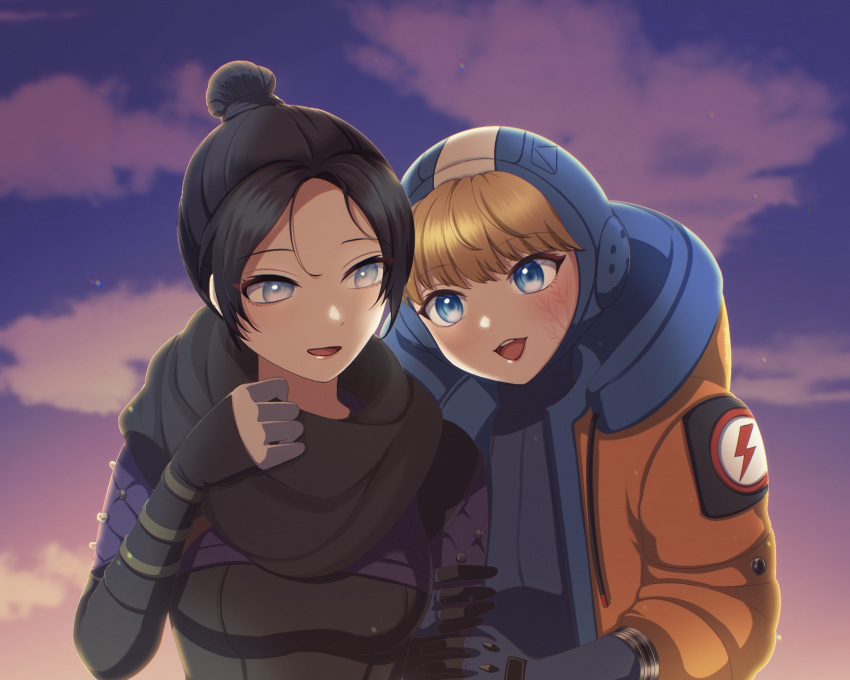 2girls animification apex_legends black_bodysuit black_gloves black_hair black_scarf blonde_hair blue_bodysuit blue_eyes blue_gloves blush bodysuit breasts cloud gloves grey_eyes hair_between_eyes hair_bun head_tilt highres hood hood_down hood_up hooded_jacket jacket looking_down medium_breasts milmil7 multiple_girls open_mouth orange_jacket parted_bangs ribbed_bodysuit scar scar_on_cheek scar_on_face scarf single_hair_bun sky smile wattson_(apex_legends) wraith_(apex_legends)