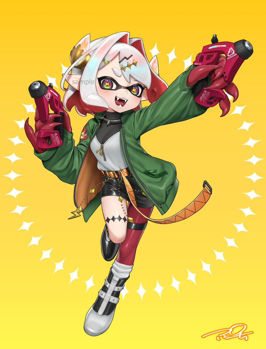 1girl belt black_footwear boots choker claws commission dapple_dualies_(splatoon) dot_nose dual_wielding fang green_jacket gun hair_ornament hairclip highres holding holding_gun holding_weapon inkling inkling_girl jacket key long_sleeves multicolored_hair open_mouth pointy_ears puchiman purple_eyes red_hair safety_pin sample_watermark short_hair signature simple_background solo spiked_choker spikes splatoon_(series) sweater turtleneck turtleneck_sweater two-tone_hair watermark weapon white_footwear white_hair yellow_background zipper