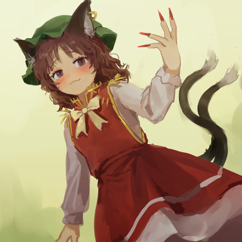 1girl :3 animal_ears blush bow bowtie brown_eyes brown_hair cat_ears cat_tail chen closed_mouth commentary dress english_commentary fingernails flat_chest gold_trim hand_up hat highres himuhino long_fingernails looking_at_viewer medium_hair mob_cap multiple_tails nail_polish nekomata petite red_dress red_nails sharp_fingernails simple_background smug solo tail touhou two_tails wavy_hair white_background white_bow white_bowtie