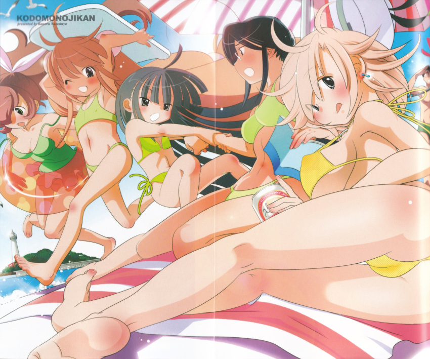 1boy 5girls :q absurdres ahoge aoki_daisuke armpits artist_name ass barefoot beach_towel beach_umbrella bikini black_hair blonde_hair blunt_bangs blush bodyboard breasts brown_eyes brown_hair can copyright_name covered_nipples earrings eyes_visible_through_hair feet flat_chest glasses grabbing_another's_arm green_bikini green_one-piece_swimsuit hair_bobbles hair_ornament hair_ribbon highres holding holding_can houin_kyouko innertube jewelry kagami_kuro kodomo_no_jikan kokonoe_rin large_breasts legs light_brown_hair long_hair looking_at_viewer lying multiple_girls navel official_art on_side one-piece_swimsuit one_eye_closed open_mouth ribbon scan shirai_sae short_hair side-tie_bikini_bottom single_earring soles swimsuit toes tongue tongue_out towel umbrella usa_mimi very_long_hair watashiya_kaworu white_ribbon yellow_bikini