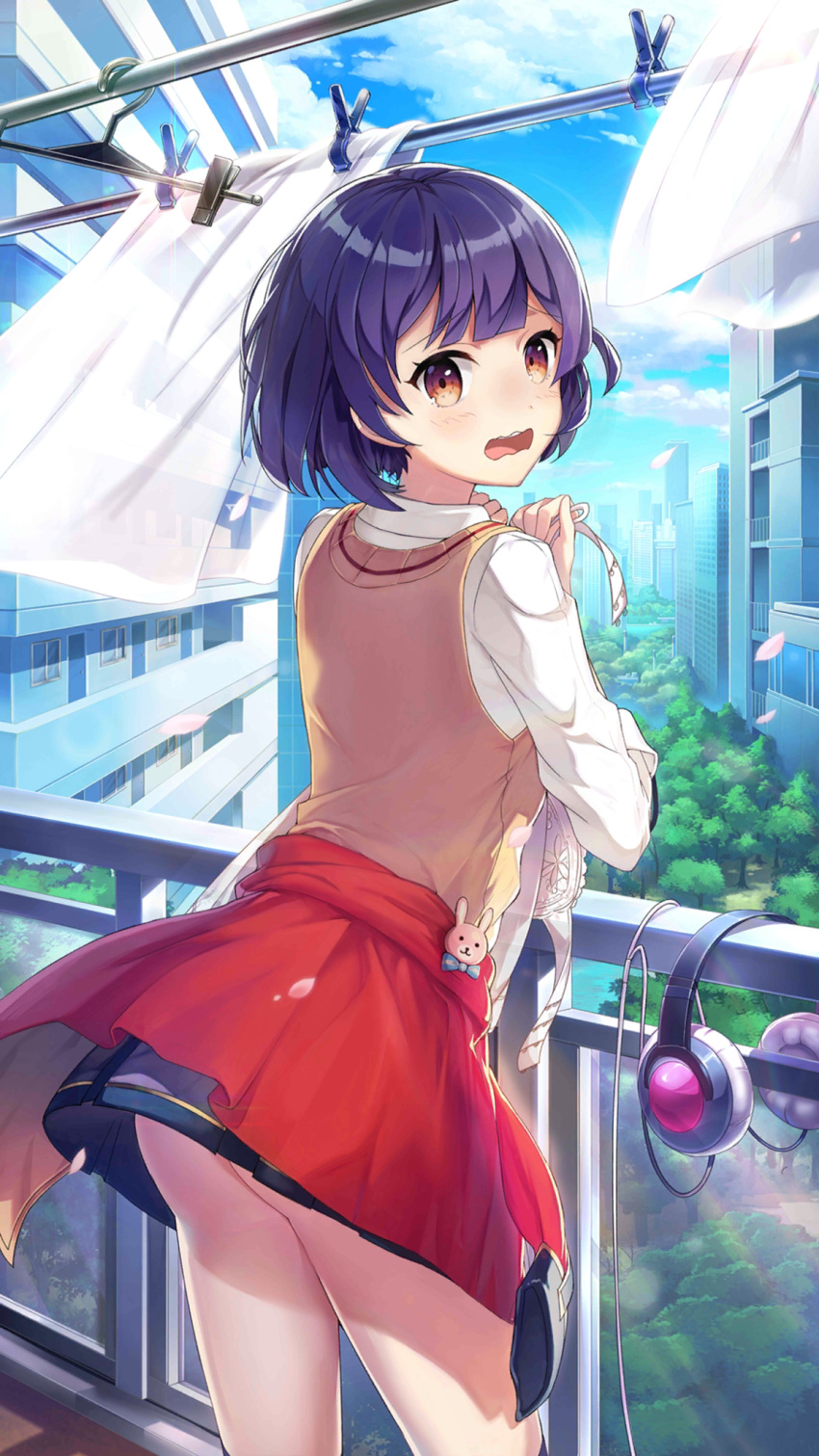 1girl apartment ass balcony blue_skirt blue_sky blunt_bangs blush bob_cut bra building clothes_around_waist clothes_hanger clothes_pin cloud collared_shirt cowboy_shot day drying drying_clothes falling_petals from_behind frown girl_cafe_gun hands_up headphones headphones_removed highres holding holding_bra holding_clothes holding_underwear jacket jacket_around_waist laundry laundry_pole long_sleeves looking_at_viewer looking_back miniskirt official_art petals purple_hair rabbit_ornament railing red_eyes red_jacket shi_wuyou shirt short_hair skirt sky solo square_mouth sweater_vest tree turning_head underwear vest white_bra white_shirt yellow_sweater_vest yellow_vest