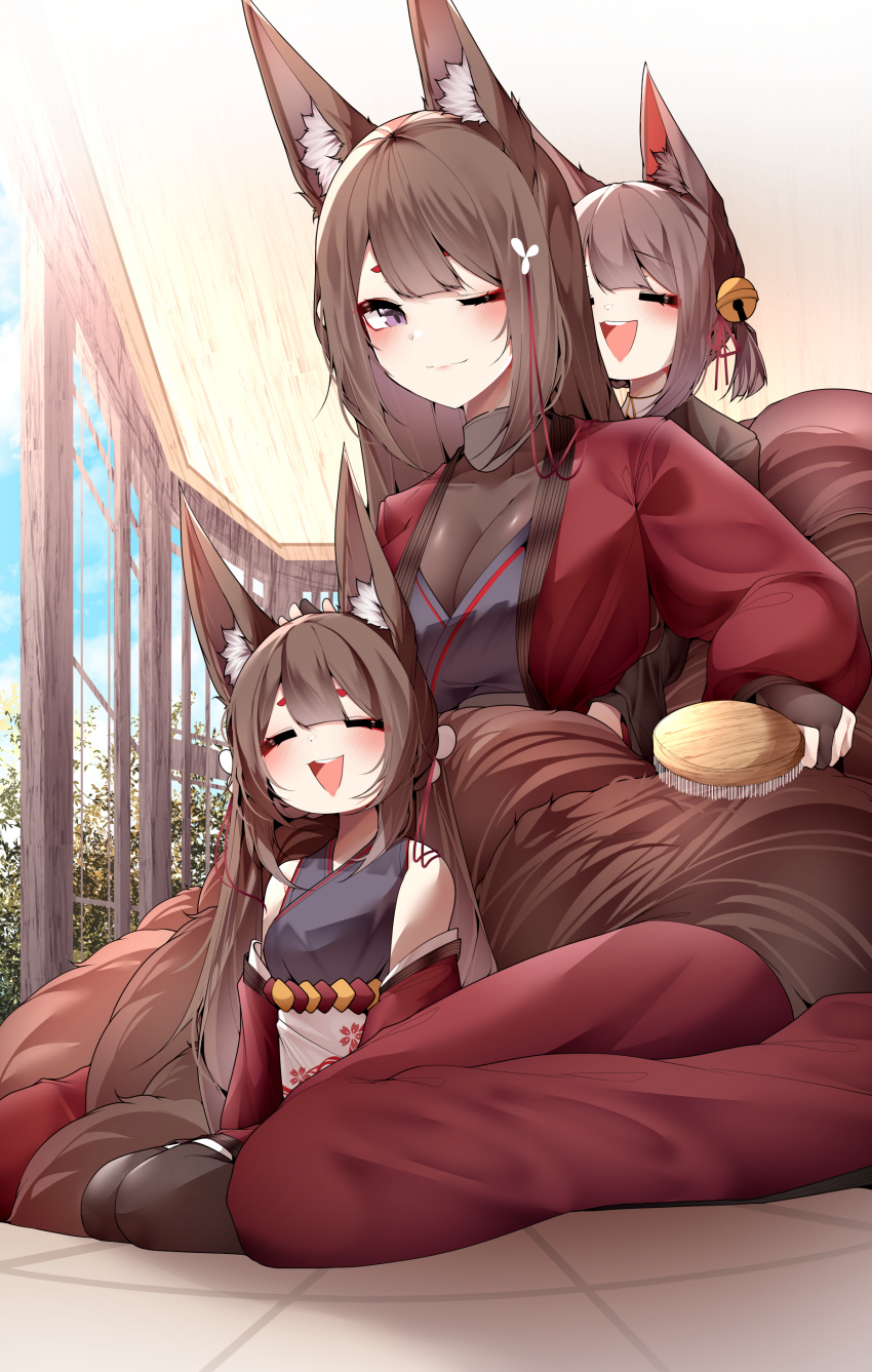 3girls =_= absurdres akagi-chan_(azur_lane) amagi-chan_(azur_lane) amagi_(azur_lane) animal_ear_fluff animal_ears azur_lane bell breasts brown_tail choker closed_eyes closed_mouth commentary dual_persona floor fox_ears hair_brush hair_ornament hand_on_another's_head highres holding indoors japanese_clothes kimono kyuubi large_breasts long_hair multiple_girls multiple_tails on_floor one_eye_closed open_mouth purple_eyes purple_shirt red_kimono samip shirt short_hair sitting sitting_between_lap tail thighhighs very_long_hair