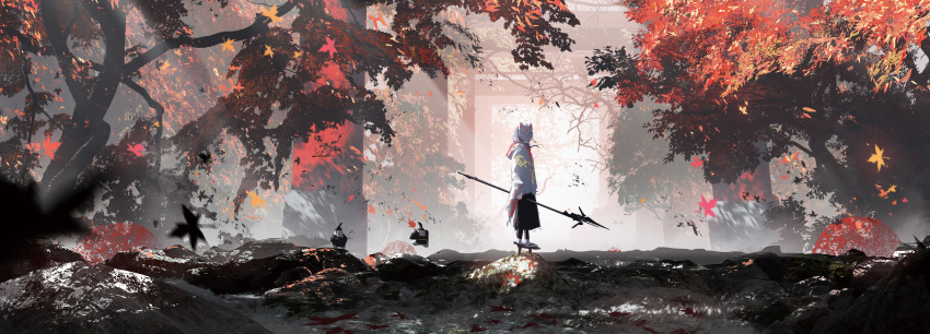 1girl 2others absurdres asteroid_ill autumn autumn_leaves black_skirt blurry blurry_foreground character_request floating_hair forest fox_mask highres holding holding_polearm holding_weapon jacket long_hair long_sleeves looking_at_viewer mask motion_blur multiple_others multiple_torii nature original outdoors polearm rock sandals scenery shadow skirt socks solo_focus standing sunlight torii tree weapon white_jacket white_socks wide_sleeves