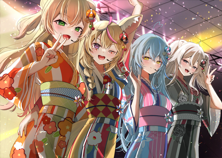 4girls ahoge alternate_costume animal_ear_fluff animal_ears arm_up black_hair black_nails blonde_hair blue_hair blue_kimono blush braid closed_mouth commentary cowboy_shot double-parted_bangs double_bun elf facial_mark fang fangs floral_print fox_ears fox_girl gradient_hair green_eyes grey_hair grey_kimono hair_between_eyes hair_bobbles hair_bun hair_ornament hair_over_shoulder hand_on_another's_hip hand_up heart heart-shaped_pupils heart_ahoge highres hololive japanese_clothes kimono lion_ears lion_girl long_hair long_sleeves looking_at_viewer medium_hair microphone momosuzu_nene multicolored_clothes multicolored_hair multicolored_kimono multiple_girls nail_polish nepolabo nerorigogo obi omaru_polka one_eye_closed open_mouth orange_kimono outstretched_arm pink_hair pink_kimono pointy_ears print_kimono purple_eyes red_nails sash shishiro_botan short_sleeves side_braid sidelocks single_braid skin_fang smile stage standing streaked_hair symbol-shaped_pupils teeth two_side_up upper_teeth_only v virtual_youtuber w wide_sleeves yellow_eyes yukihana_lamy