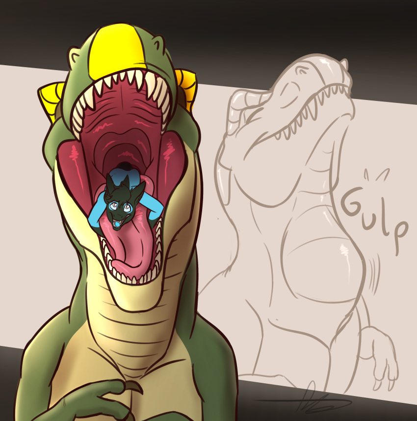 absurd_res alex_(disregard67) dinosaur disregard67 eating gulp_(sound_effect) hi_res mawplay mouth_shot open_mouth reptile scalie soft_vore swallowing theropod tyrannosaurid tyrannosaurus tyrannosaurus_rex vore