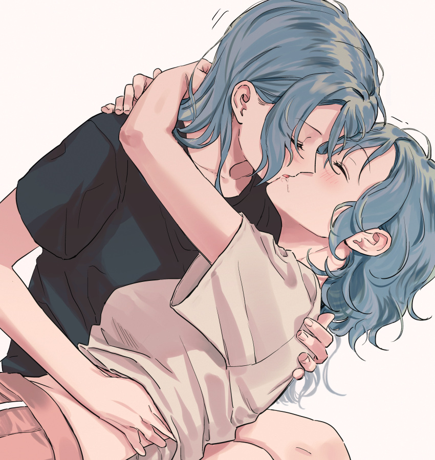 2girls absurdres arms_around_neck bang_dream! black_shirt blue_hair blush breasts cleavage closed_eyes collarbone couple french_kiss grey_shirt hand_on_another's_back hand_on_another's_stomach highres hikawa_hina hikawa_sayo hug incest kiss long_hair lying_on_lap multiple_girls profile saliva shirt short_hair short_sleeves siblings simple_background sisters t-shirt tongue twincest twins white_background yuri zihacheol