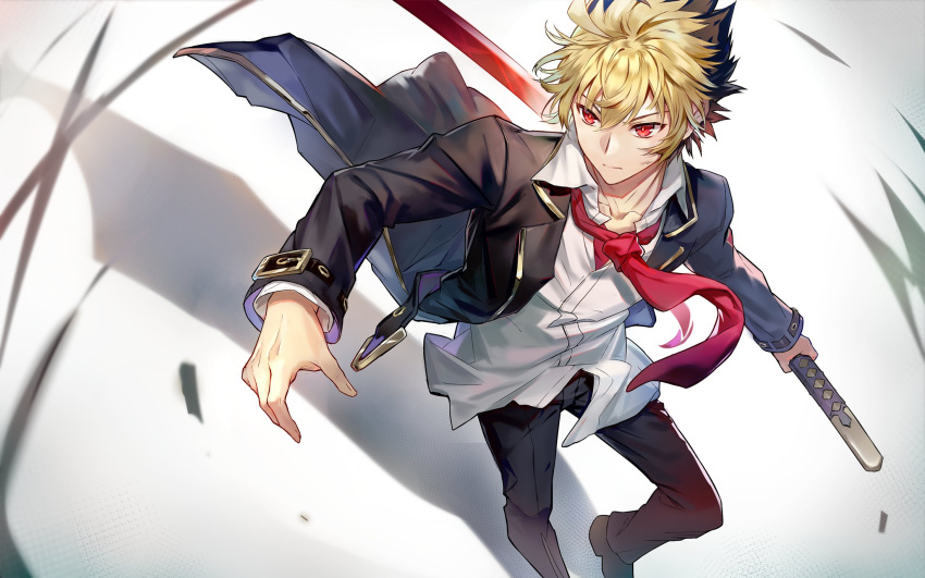 1boy black_hair blonde_hair dyed_bangs highres hyde_(under_night_in-birth) male_focus multicolored_hair necktie qitoli red_eyes reverse_grip school_uniform short_hair solo sword two-tone_hair under_night_in-birth weapon