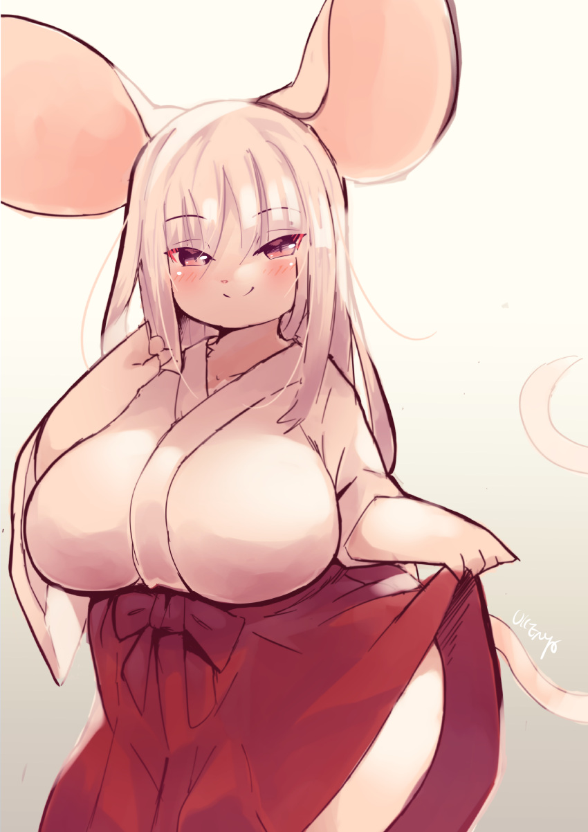 absurd_res anthro asian_clothing big_breasts big_ears biped blush breasts clothed clothing clothing_lift east_asian_clothing female front_view fur gradient_background hair hi_res japanese_clothing kemono long_hair looking_at_viewer mammal miko_outfit mouse murid murine pink_nose portrait red_eyes rodent shrine_maiden simple_background smile solo three-quarter_portrait ukenya white_body white_fur white_hair