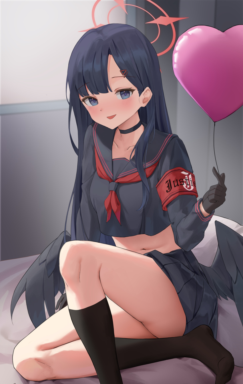 1girl absurdres balloon black_choker black_eyes black_gloves black_hair black_serafuku black_shirt black_skirt black_socks black_wings blue_archive breasts choker feathered_wings gloves hair_ornament hairpin halo heart_balloon highres ichika_(blue_archive) laocheng_(axpp4722) long_hair looking_at_viewer low_wings navel open_mouth red_halo school_uniform serafuku shirt skirt small_breasts smile socks solo wings