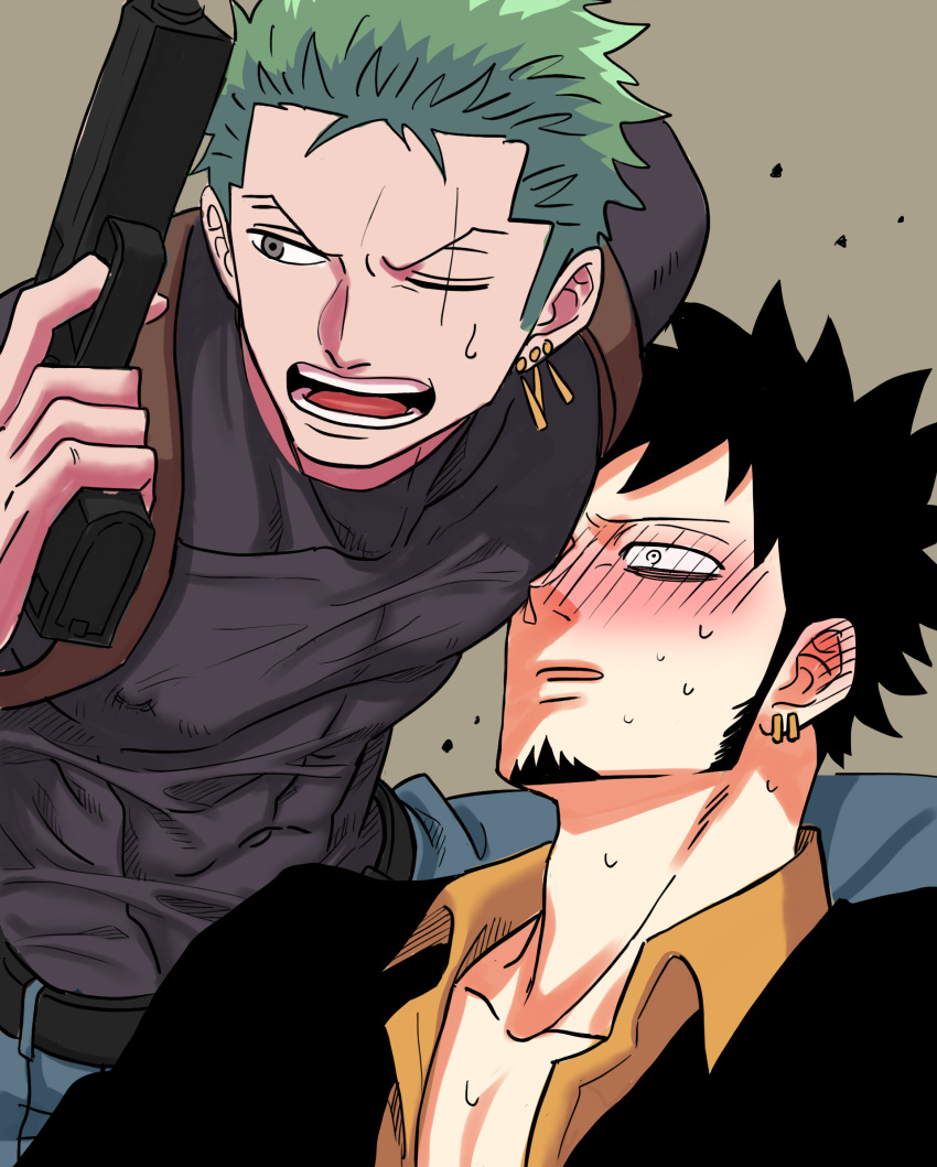 2boys accident alternate_costume chayo_(sprkvp) constricted_pupils face_to_pecs facial_hair goatee gun highres holding holding_gun holding_weapon long_sideburns looking_to_the_side male_focus multiple_boys nervous_sweating one_piece roronoa_zoro sanpaku shirt short_hair sideburns skin_tight sweat thick_eyebrows trafalgar_law upper_body weapon yaoi