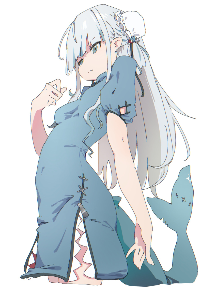 1girl blue_eyes breasts china_dress chinese_clothes dress fins fish_tail gawr_gura hair_bun highres hololive hololive_english makkurourufu shark_girl shark_tail small_breasts solo tail virtual_youtuber white_background