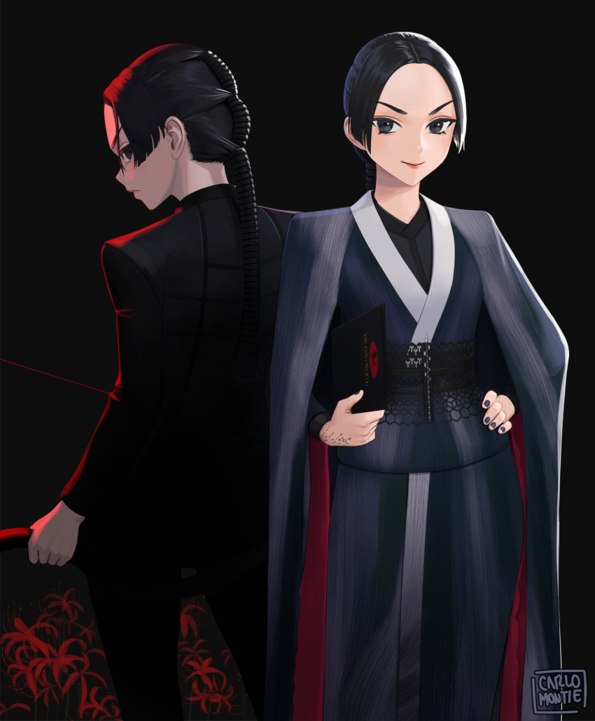 1girl artist_name black_eyes black_hair black_jacket black_nails black_pants blue_kimono braid braided_ponytail carlo_montie closed_mouth formal hand_tattoo highres holding holding_weapon jacket japanese_clothes john_wick kimono long_hair looking_at_viewer looking_back nail_polish pants ponytail shimazu_akira_(john_wick) smile solo standing suit_jacket tattoo weapon