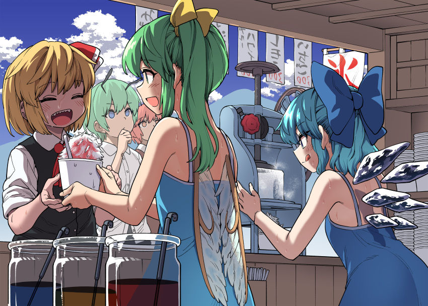 5girls absurdres animal_ears antennae bird_ears blonde_hair blue_bow blue_eyes blue_hair blush bow brown_eyes cirno closed_eyes closed_mouth commission daiyousei fuuzasa green_eyes hair_bow hair_ribbon highres long_hair multiple_girls mystia_lorelei open_mouth pink_hair red_ribbon ribbon rumia second-party_source sharp_teeth short_hair side_ponytail skeb_commission smile team_9 teeth tongue tongue_out touhou wriggle_nightbug