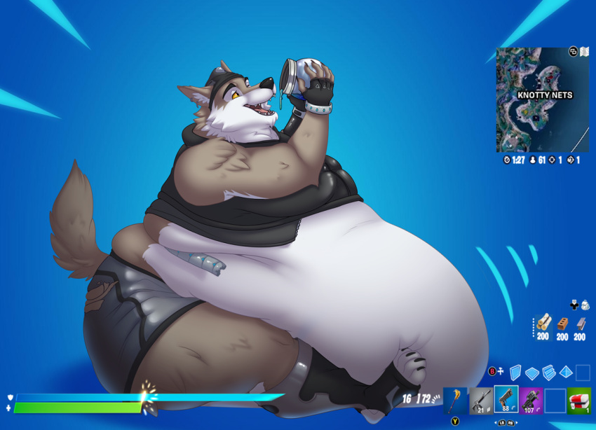 2023 4_toes 5_fingers anthro anuvia belly belly_expansion big_belly big_butt black_nose bloated blue_background bottomwear brown_body brown_fur butt canid canine canis clothing english_text epic_games expansion feet fingerless_gloves fingers footwear fortnite fur gloves grey_body grey_fur handwear hotpants huge_belly hyper hyper_belly liquid_inflation male mammal minimap multicolored_body multicolored_fur open_mouth pink_tongue shield_potion shorts simple_background sitting solo teeth text tight_clothing toes tongue topwear two_tone_body two_tone_fur user_interface vest wendell_(fortnite) wolf