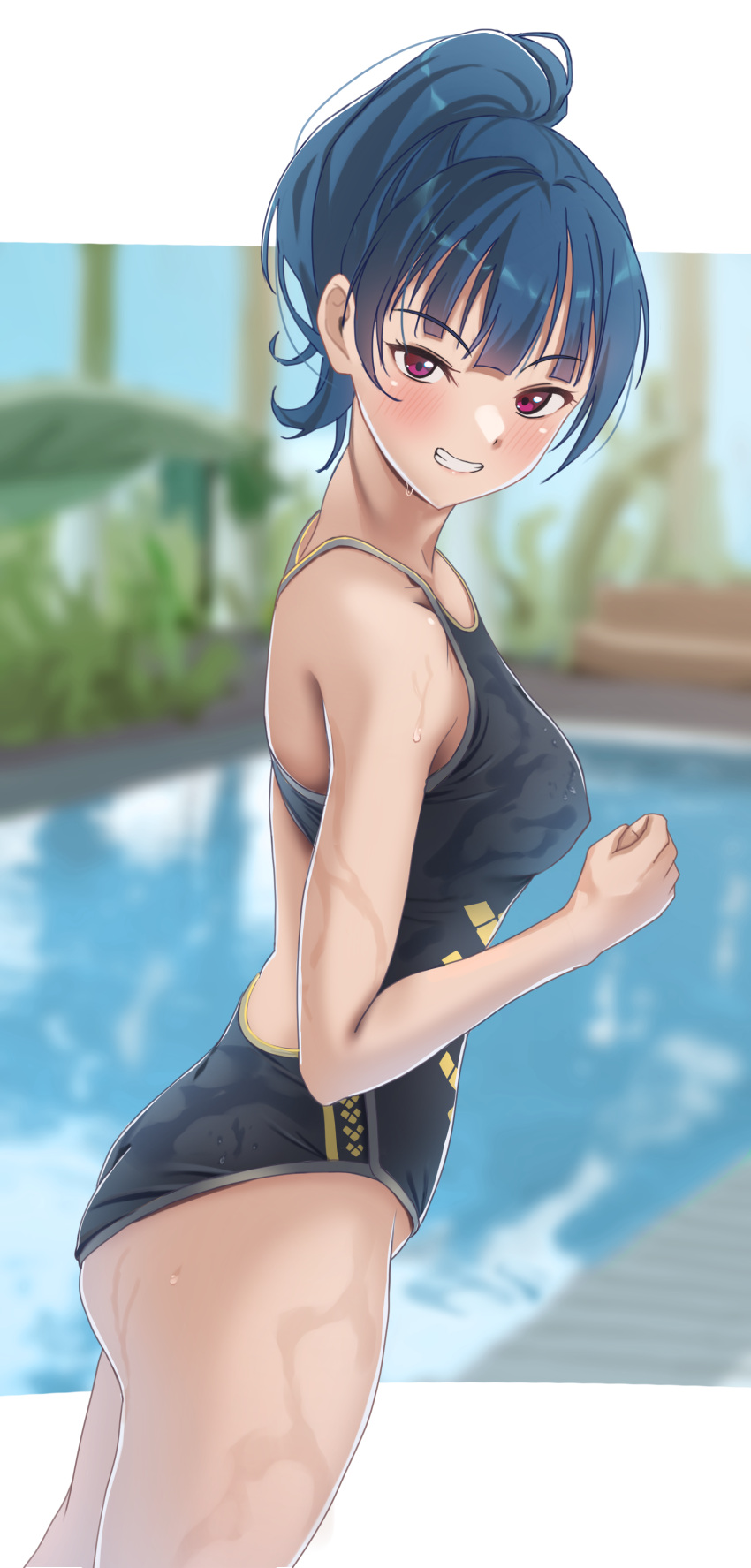 1girl absurdres alternate_costume alternate_hairstyle backless_swimsuit black_one-piece_swimsuit blue_hair blurry blurry_background breasts competition_swimsuit dutch_angle from_side grin hand_up highleg highleg_swimsuit highres horai_sennkyo long_hair looking_at_viewer love_live! love_live!_sunshine!! medium_breasts one-piece_swimsuit ponytail pool poolside red_eyes smile solo swimsuit tsushima_yoshiko water wet