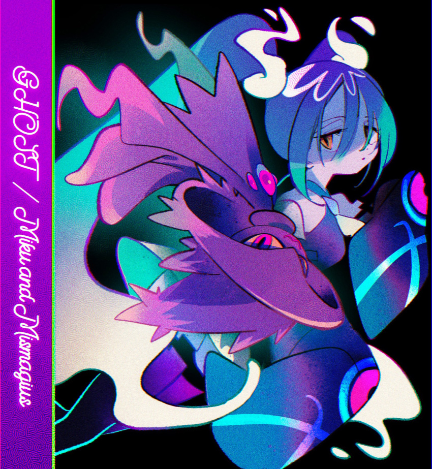 1girl aqua_hair black_background black_thighhighs floating ghost ghost_miku_(project_voltage) grey_shirt hair_between_eyes hatsune_miku highres long_hair looking_at_viewer mismagius ok_ko19 pale_skin pokemon project_voltage shirt skirt sleeves_past_fingers sleeves_past_wrists thighhighs twintails upside-down very_long_hair vocaloid will-o'-the-wisp_(mythology)