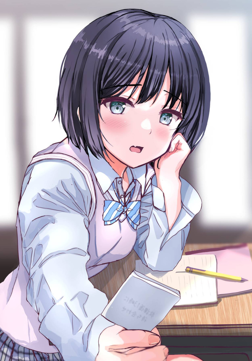 1girl black_hair blue_bow blurry blurry_background blush bow bowtie collared_shirt day desk diagonal-striped_bow diagonal-striped_bowtie elbow_rest expressionless fang fushimi_asuha giving grey_eyes hand_up head_on_hand head_rest highres holding indoors long_sleeves looking_at_viewer note notebook open_mouth original outstretched_arm partially_unbuttoned pen pink_vest pov school_desk school_uniform shirt short_hair skin_fang solo striped striped_bow striped_bowtie upper_body vest white_shirt