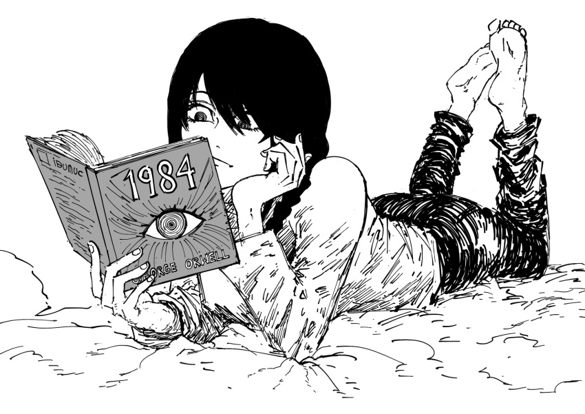 1984_(novel) 1girl barefoot book braid chainsaw_man closed_mouth feet_up greyscale hand_on_own_face hand_up head_rest highres holding holding_book ibumuc long_hair lying monochrome nayuta_(chainsaw_man) on_stomach pants reading single_braid solo