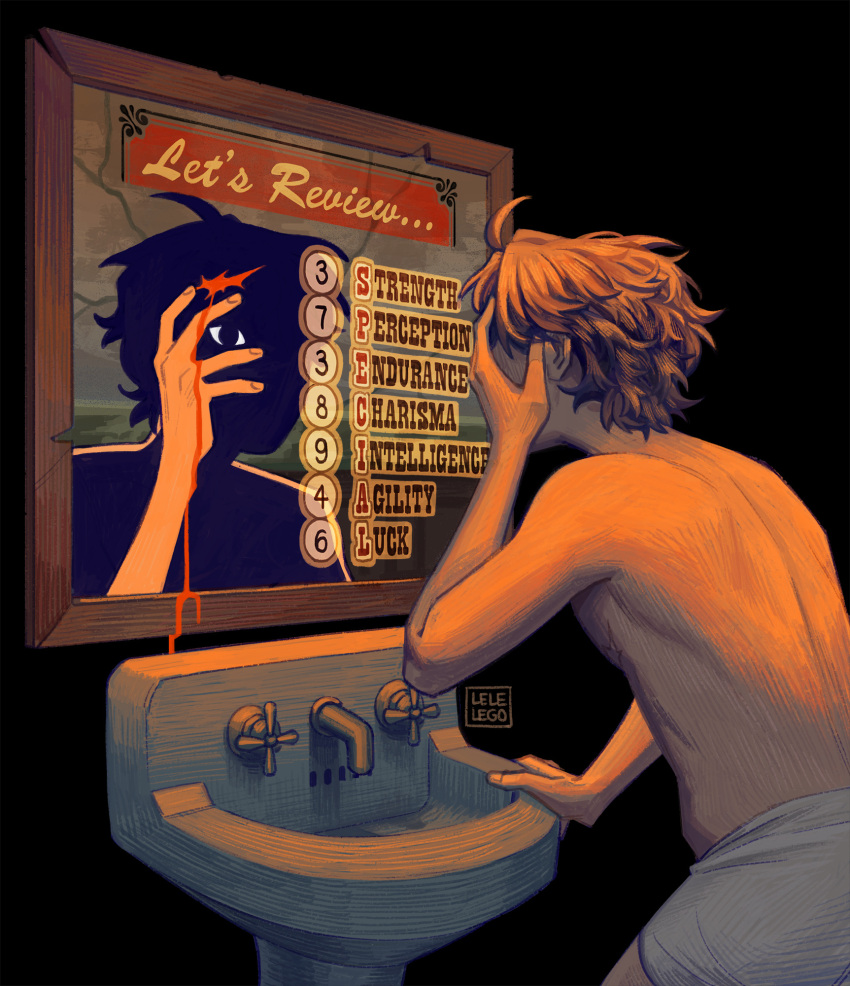 1boy artist_name black_background bleeding blood brown_hair courier_(fallout_new_vegas) fallout_(series) fallout_new_vegas gameplay_mechanics hand_up highres lelelego male_focus male_underwear mirror one_eye_closed sink solo standing topless_male underwear white_male_underwear