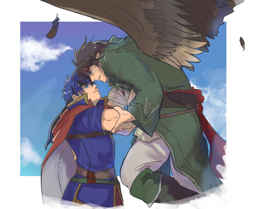 2boys arm_grab bara black_hair brown_hair brown_wings couple cropped_torso eye_contact feather_necklace feathered_wings fire_emblem fire_emblem:_path_of_radiance flying hand_on_another's_waist headband highres ike_(fire_emblem) interracial jewelry kamabokozin large_pectorals looking_at_another male_focus mature_male multiple_boys muscular muscular_male necklace pectorals pointy_ears short_hair smile spread_wings tibarn_(fire_emblem) wings yaoi yellow_eyes