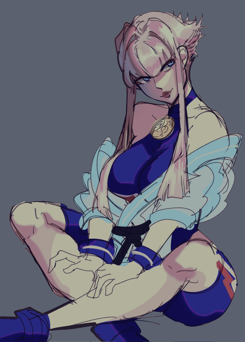 1girl blue_eyes dougi grey_background head_tilt highres hime_cut looking_to_the_side manon_(street_fighter) martial_arts_belt pink_hair s0gaharahen sidelocks sketch solo spandex street_fighter street_fighter_6 wristband