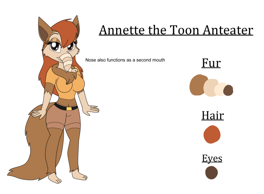 2_mouths annette_(kendraeevee) anteater anthro brown_body brown_eyes brown_fur female fluffy fluffy_tail fur hair hi_res kendraeevee kendratheshinyeevee mammal model_sheet multi_mouth pilosan red_hair snout solo tail xenarthran