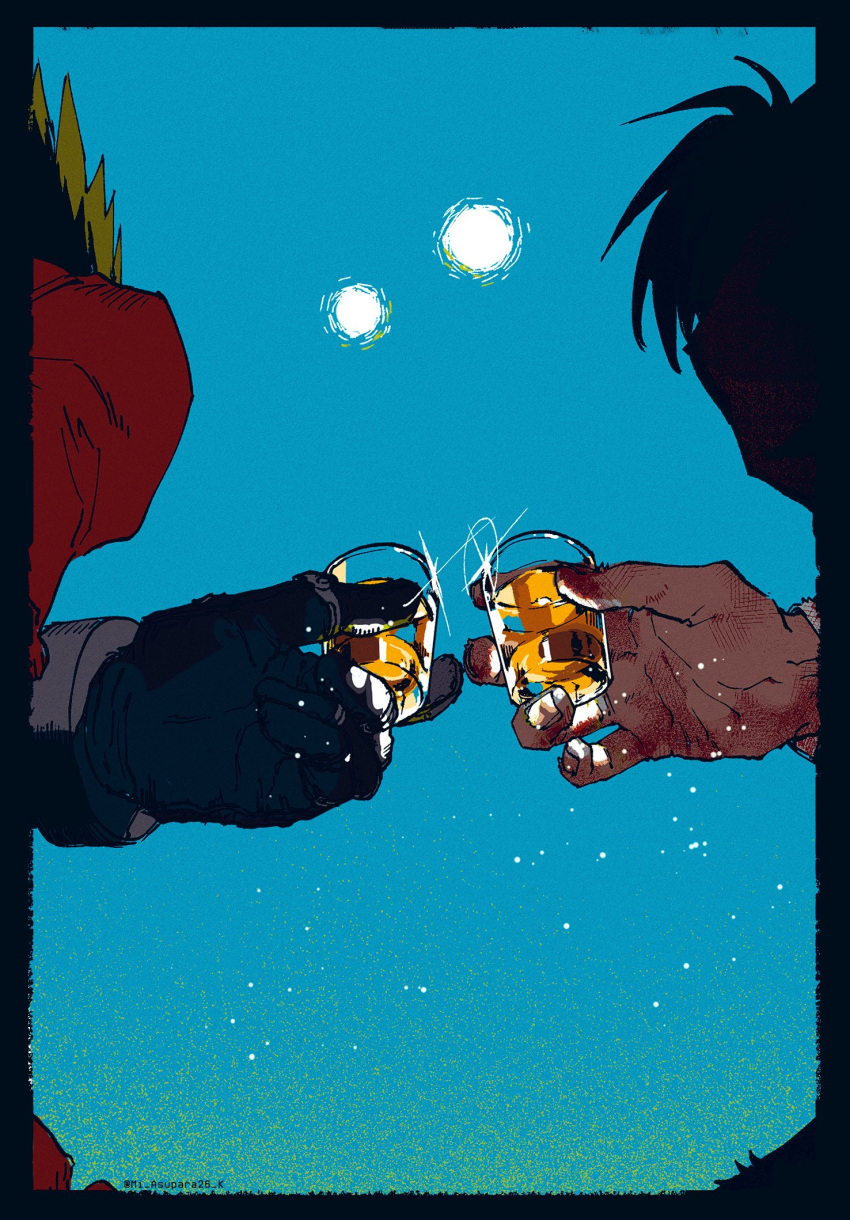 2boys alcohol black_gloves black_hair blue_background blue_sky border clear_sky cup day drink drinking_glass from_behind from_below glint gloves highres holding holding_cup jewelry light_particles long_sleeves male_focus mi_asupara26_k multicolored_hair multiple_boys nicholas_d._wolfwood out_of_frame ring sky spiked_hair sun toasting_(gesture) trigun twitter_username two-tone_hair vash_the_stampede