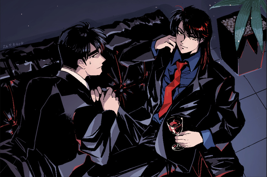 2boys alcohol artist_name black_eyes black_hair black_jacket closed_mouth collared_shirt commentary_request couch cup dated drinking_glass feet_out_of_frame formal grey_shirt hands_on_another's_knees highres holding holding_cup ichijou_seiya jacket kaiji long_hair long_sleeves looking_at_viewer male_focus medium_bangs multiple_boys murakami_tamotsu necktie pants plant potted_plant red_hair red_necktie shirt short_hair smile suit tile_floor tiles unknown03162 white_shirt wine wine_glass yaoi