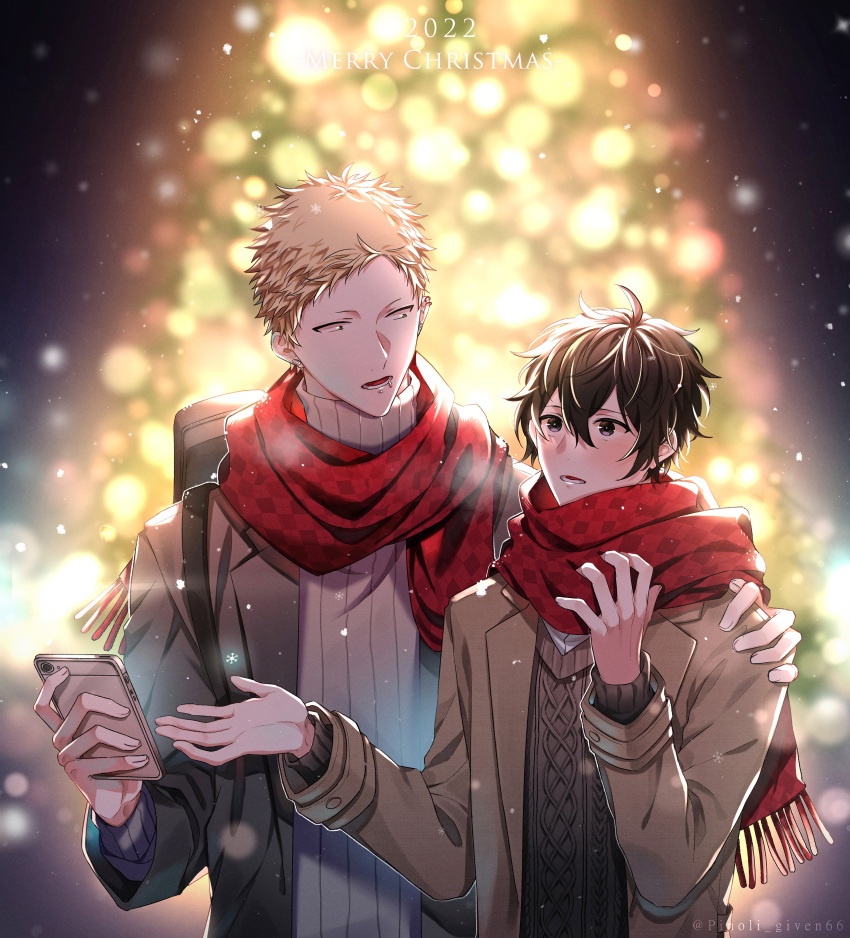 2boys absurdres black_eyes black_hair blonde_hair blurry blurry_background brown_coat cellphone christmas coat collared_coat ear_piercing given grey_sweater guitar_case highres holding holding_phone instrument_case kaji_akihiko male_focus merry_christmas mouth_piercing multiple_boys multiple_piercings murata_ugetsu open_mouth phone piercing pinoli_(pinoli66) red_scarf scarf smartphone sweater winter_clothes