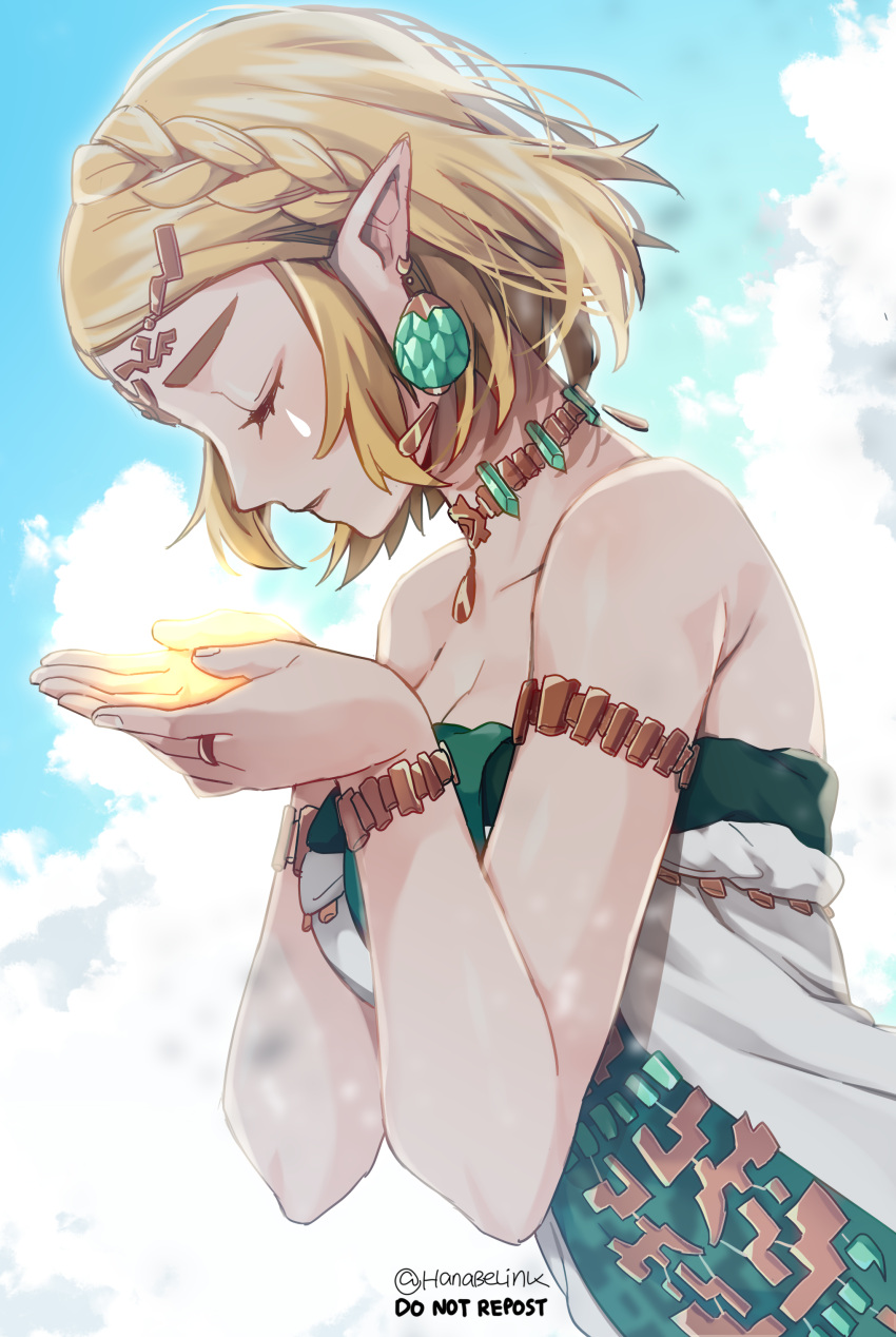 1girl absurdres armlet blonde_hair blue_sky blush bracelet braid breasts cleavage closed_eyes cloud cowboy_shot day dress earrings french_braid from_side glowing green_trim hanabelink hands_up highres holding jewelry medium_breasts own_hands_together parted_lips pointy_ears princess_zelda profile ring serious short_hair sidelocks sky solo the_legend_of_zelda the_legend_of_zelda:_tears_of_the_kingdom traditional_dress twitter_username wind